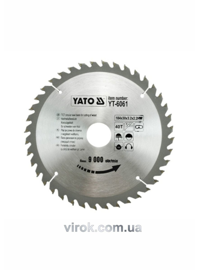 Диск пиляльний победітовий по дереву YATO: 184х30х3.2х2.2 мм, 40 зубців, R.P.M до 9000 1/хв [25/50]