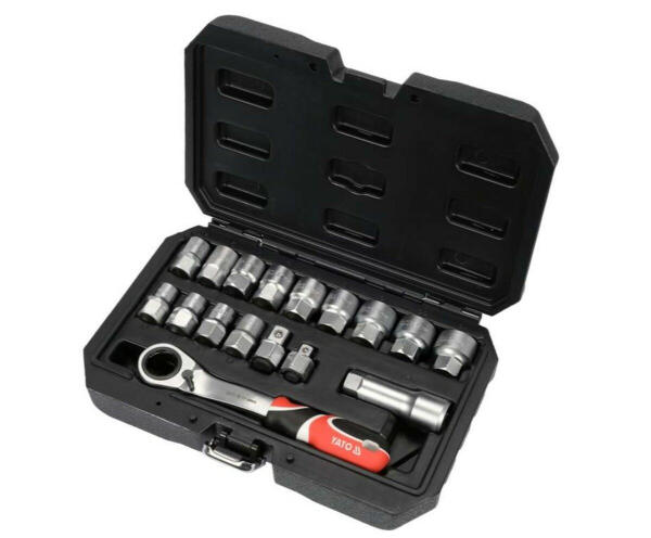 Набор сквозных торцевых головок SPLINE YATO: квадрат 3/8" и 1/2", М10-М24 с храповым воротком (YT-38653)