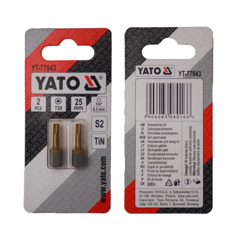 Насадка викруткова YATO TORX T20 х 25 мм. HEX 1/4", покрита титаном, 2 шт.