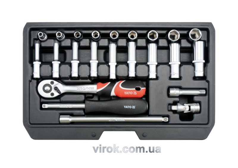 Набір головок торцевих YATO : CrV, квадрат 1/4", M 4-13 мм з інструментами. 23 шт.