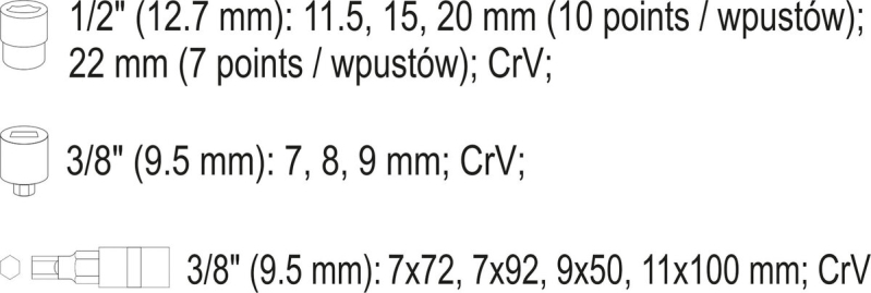 Насадки 6-гранні для гальмівних супортів авто YATO: квадр- 3/8", 1/2", 7- 22 мм, 11 шт