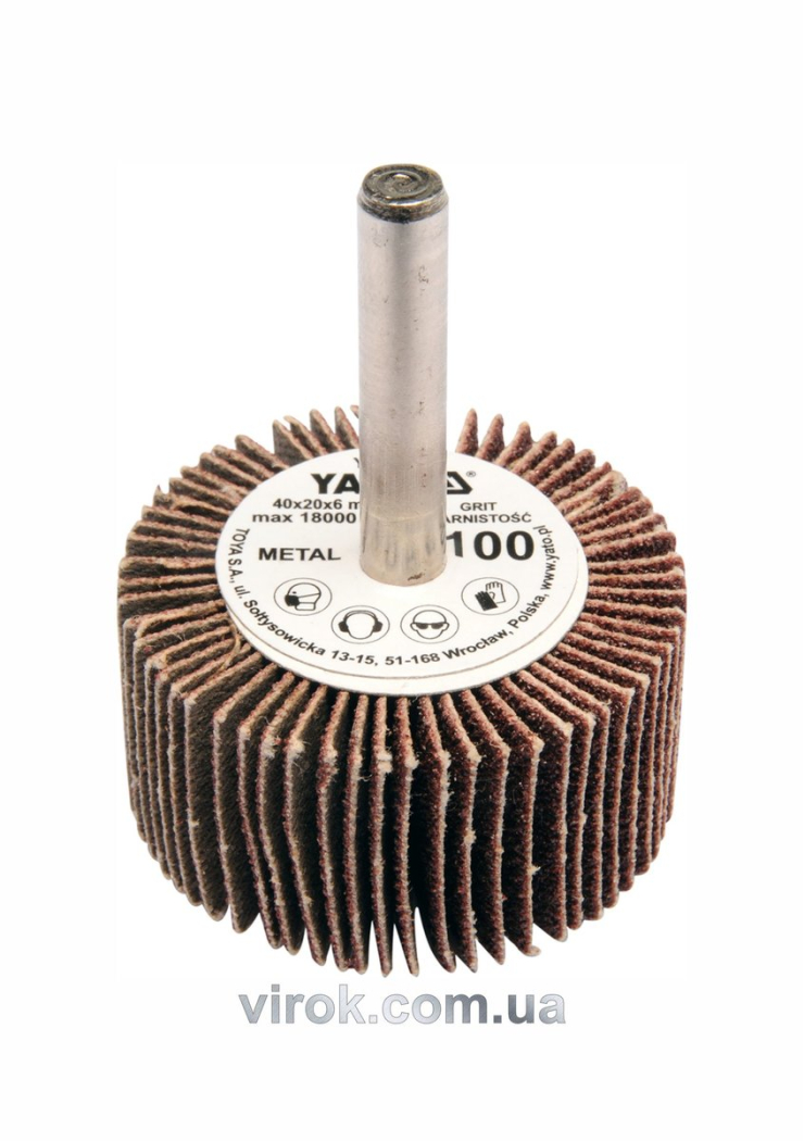 Круг пелюстковий шліфувальний YATO : подовжений Ø= 40 мм К100, шпиндель Ø= 6 мм, H= 20 мм [10/60]