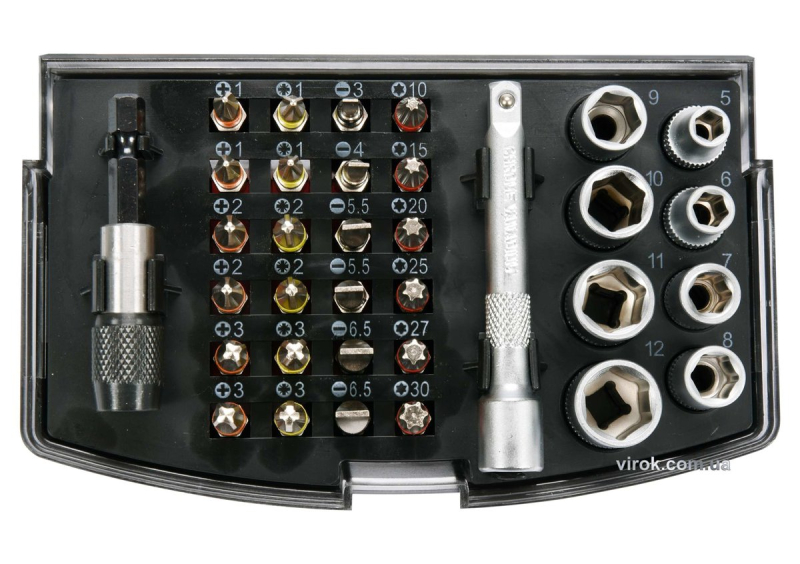 Набір насадок викруткових 1/4" і торц. головок з квадр.- 1/4" YATO з тримачем і подовж, 34 шт.
