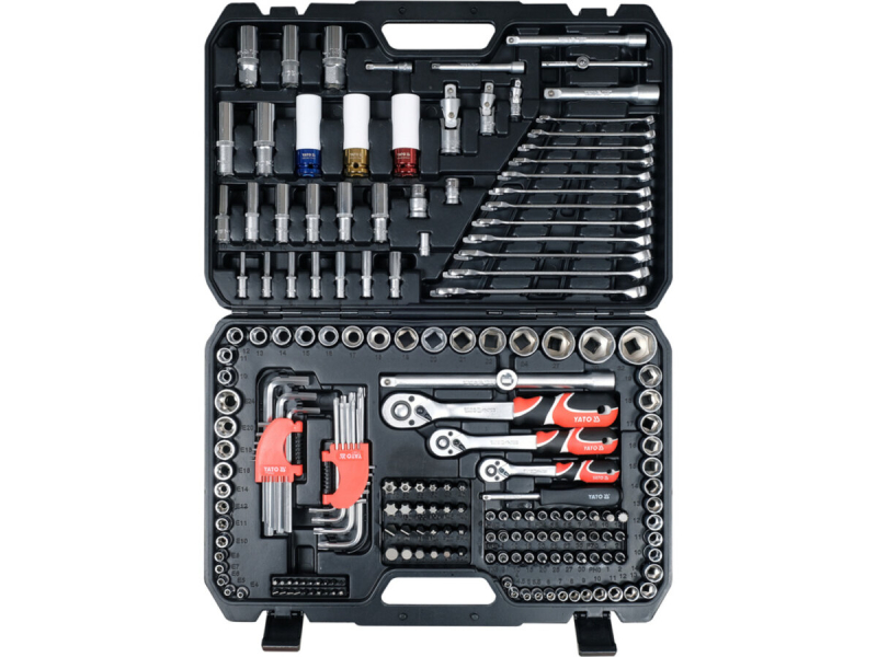 Набір головок торцевих YATO з квадр. 1/2", 3/8", 1/4" з устаткув, викр насадки, комбін ключі, 198 ел