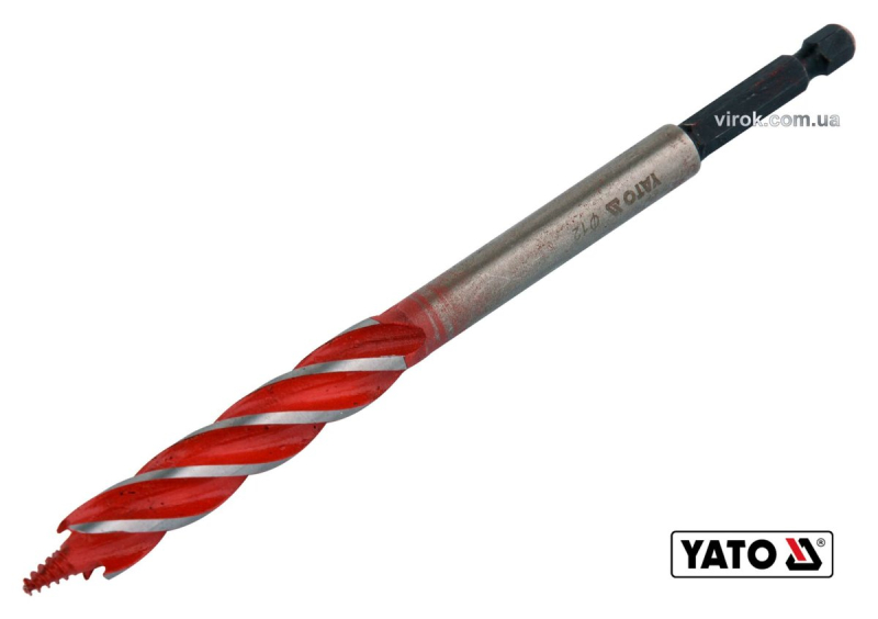 Свердло по дереву YATO : Ø= 12 мм, L= 165 мм, HRC 40-45 з 4 пругами, HEX- 1/4" [100]