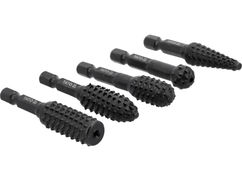 Набір фрез рашпільних різної форми по дереву YATO з 6-гран. шпінделем 1/4", Ø= 12 мм, 5 шт. [50]