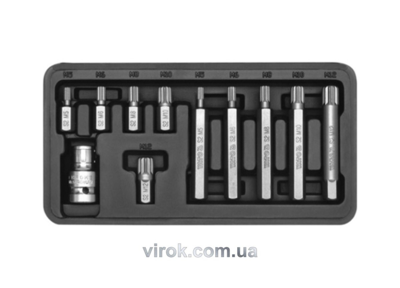 Набір насадок викруткових YATO : "SPLINE", L= 30, 75 мм, адаптер 1/2", металевий кейс. 11 шт [20]