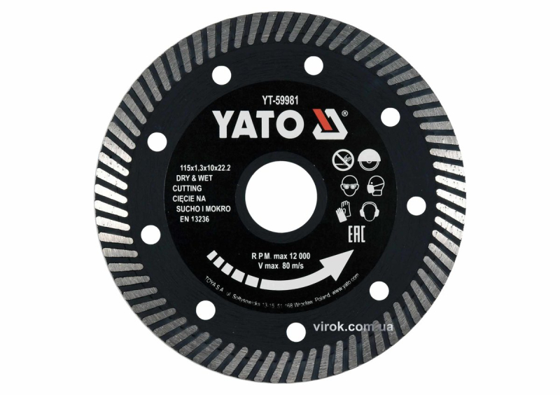 Диск відрізний алмазний по гресу,кераміці "TURBO" YATO Ø=115x1.3x10x22.2мм,в мокрому і сухому режимі
