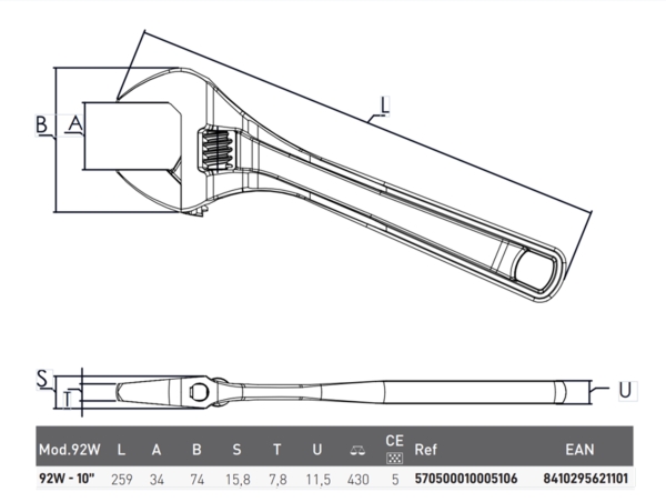 Ключ разводной IREGA 92W-10" 250 мм. захват до 34 мм классический XTRA-разведение (IREGA92W-10)