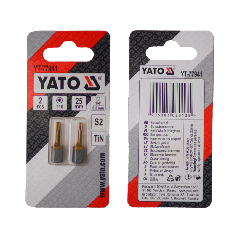 Насадка викруткова YATO TORX T10 х 25 мм. HEX 1/4", покрита титаном, 2 шт.