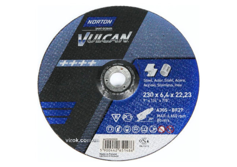 Диск шліфувальний по металу і нержав. сталі "NORTON VULCAN"; Ø= 230/22,2 мм, t= 6.4 мм