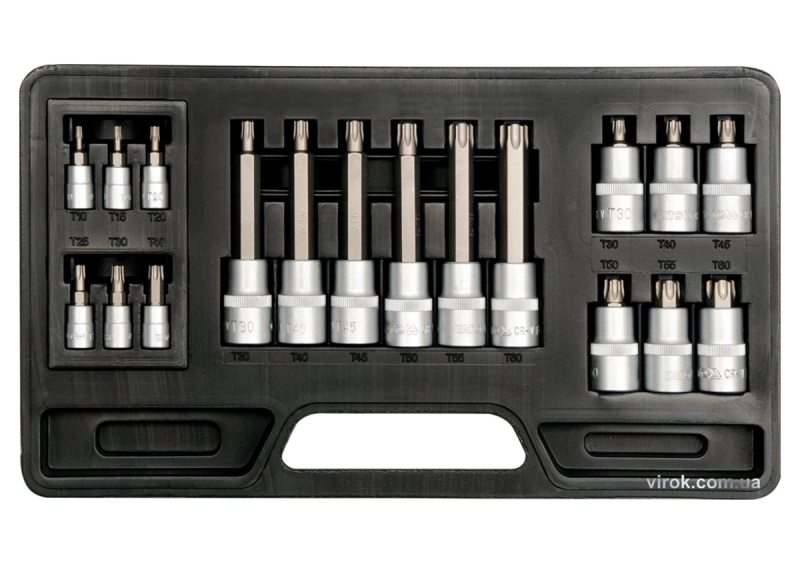 Набір головок торцевих з насадками TORX YATO : квадрат 1/2"-1/4". TORX T10-T60. 18 Шт. [10]