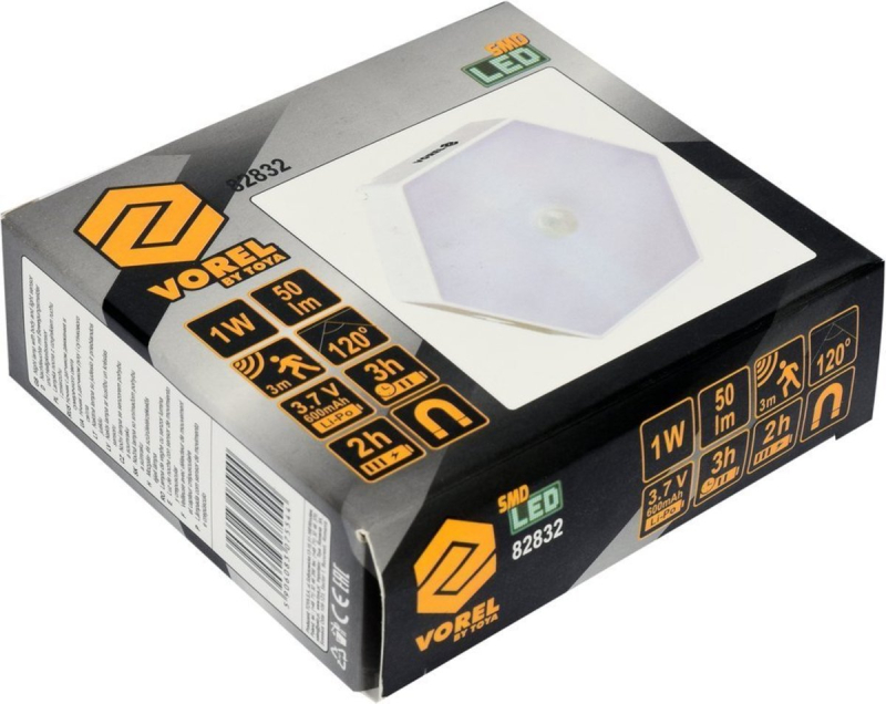 Лампа нічна з датчиком руху VOREL: акумул. Li-Pol 3,7 В, діодна, 1 Вт, 50 Lm, з магнітом