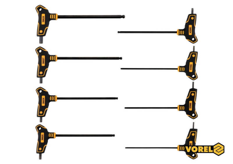 Набір ключів шестигранних з кульковим наконечником VOREL : тип"Т", HEX 2.5-10 мм, L=100-200 мм, 8 шт