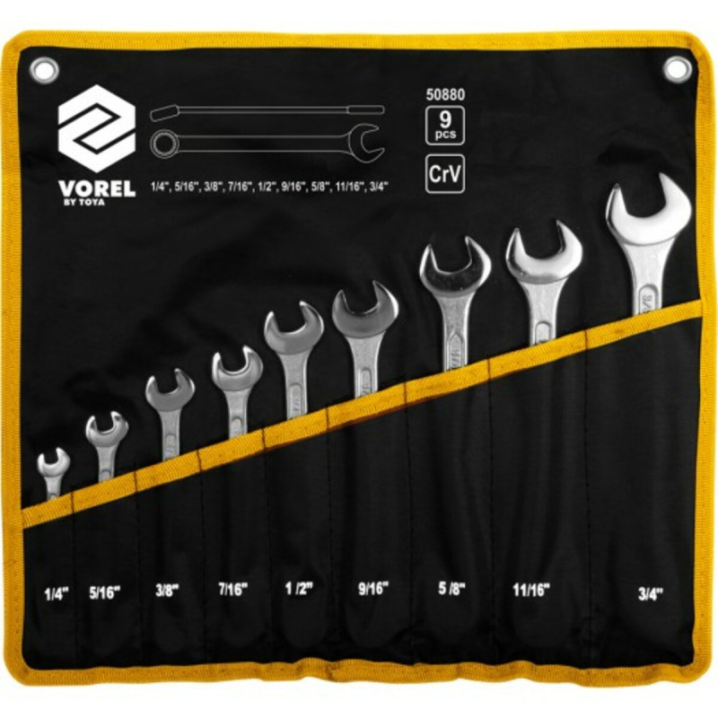 Ключі ріжково - накидні VOREL Cr-V на плахті: дюймові 1/4"-3/4". Набір 9 шт