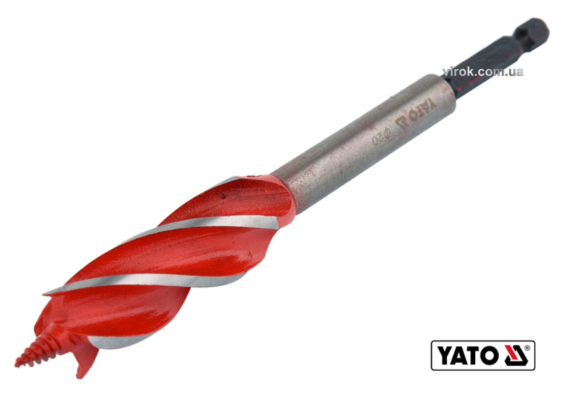 Свердло по дереву YATO : Ø= 20 мм, L= 165 мм, HRC 40-45 з 4 пругами, HEX- 1/4" [75/150]