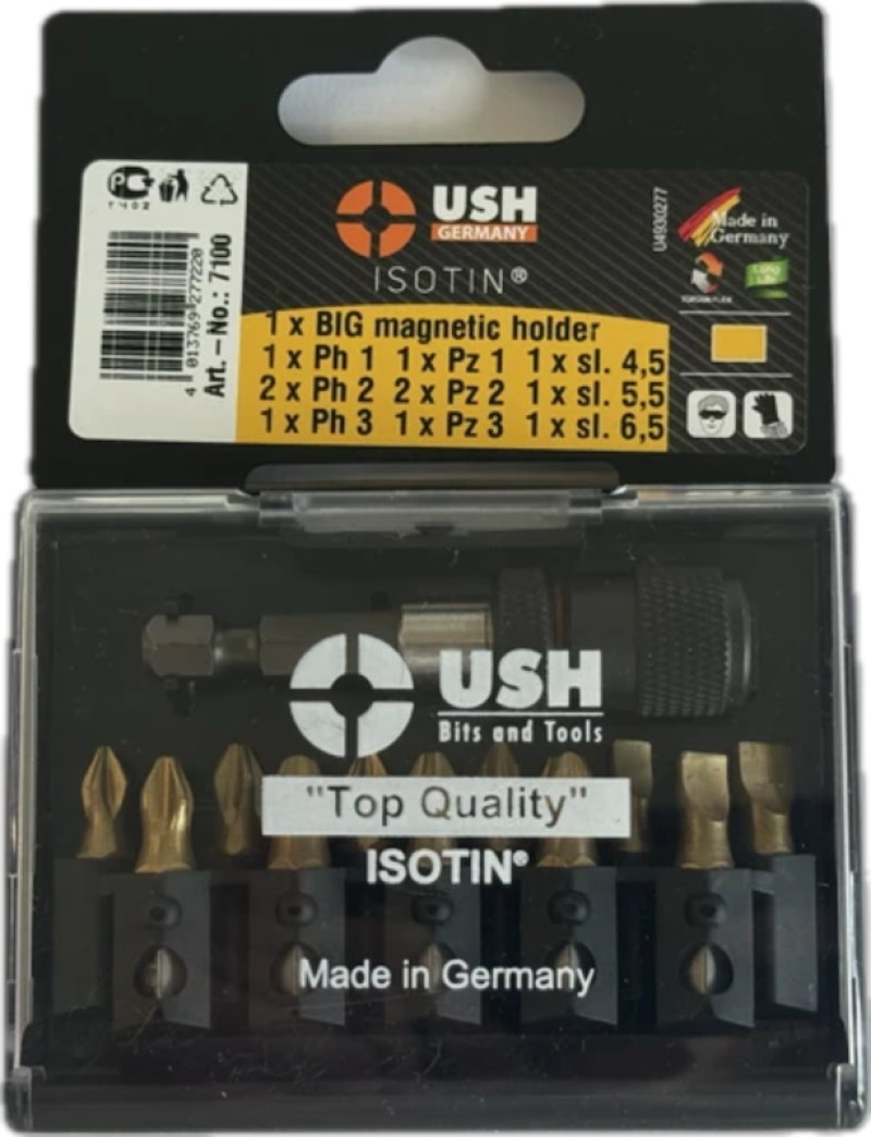 Набір насадок викруткових Isotin USH: 1/4", PH1, 2xPH2, PZ1, 2xPZ2, SL4.5- 6.5 магнітн тримач, 12ел.