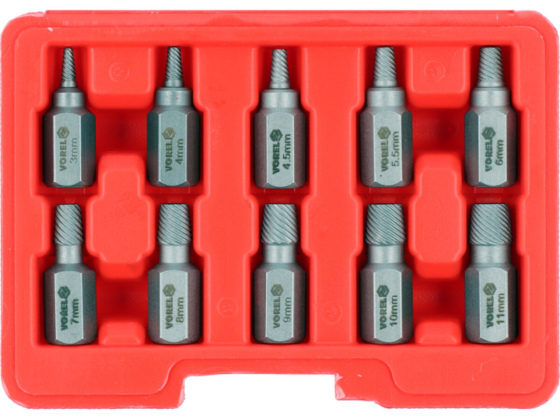 Набір екстракторів для пошкоджених шпильок VOREL з 6-гран. шпинд. 12 мм, Ø= 3-11 мм, 10 шт [50]