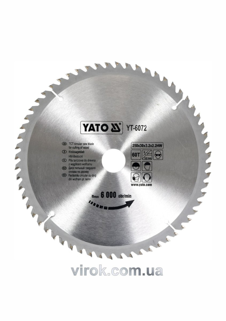 Диск пиляльний победітовий по дереву YATO: 250х30х3.2х2.2 мм, 60 зубців, R.P.M до 6000 1/хв