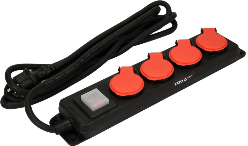 Подовжувач ел.-мережевий YATO: l=3м, колодка з 4 гніздами і вмик, 3-жильний S=1,5 мм², з заземл