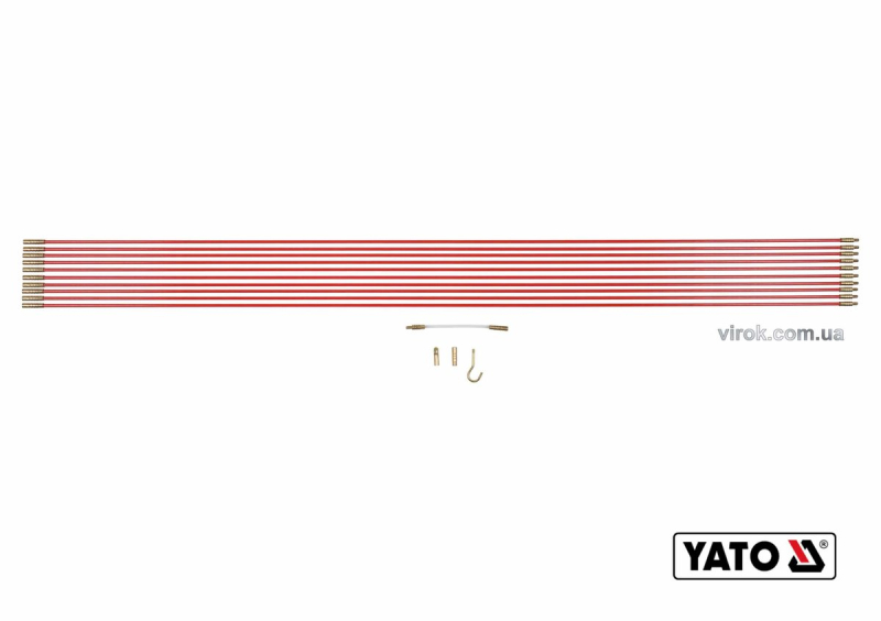 Протягувачі кабелів скловолокнисті YATO: 10шт x1м, гнучкий подовжувач,гачок 2 наконечника, 14шт