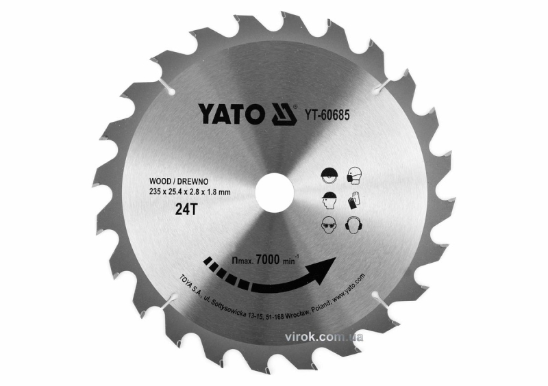 Диск пиляльний победітовий по дереву YATO: 235x25.4x2.8x1.8 мм, 24 зубці, R.P.M до 7000 1/хв