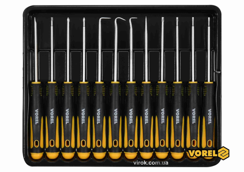 Набір викруток і гачків прецизійних VOREL : L= 165 мм, SL, PH, TORX, Cr-V, 12 шт [10/40]