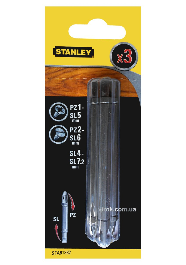 Набір насадок викруткових двосторонніх STANLEY : PZ1-SL5, PZ2-SL6, SL4-7.2 x 86 мм, 3 (шт/Уп.)