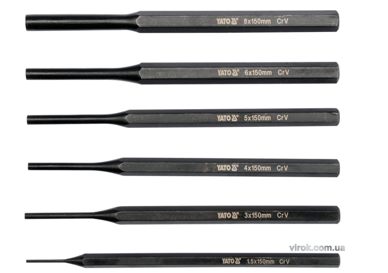 Пробійники слюсарні YATO : Ø=1.5; 3; 4; 5; 6; 8 мм, l=150 мм, Набір. 6 шт. [6/24]