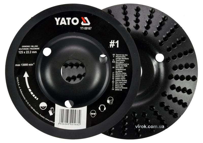 Диск-фреза шліфувальний YATO по дереву, фарбі, шпаклівці, алюмінію; Ø=125/22.2мм, шорсткість №1 [10]