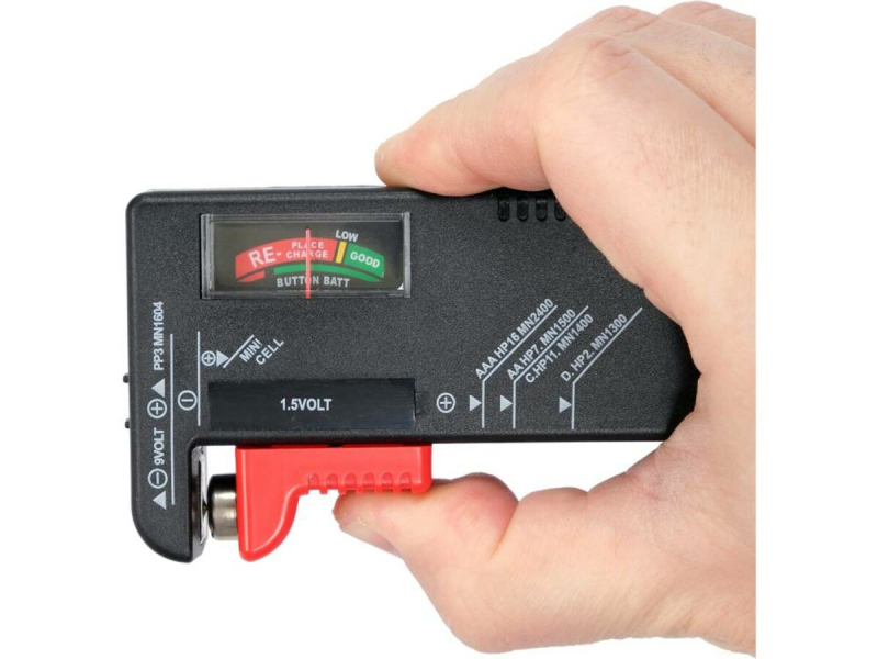 Тестер батарейок аналоговий STHOR; всі типи 1,5 В і 9 В