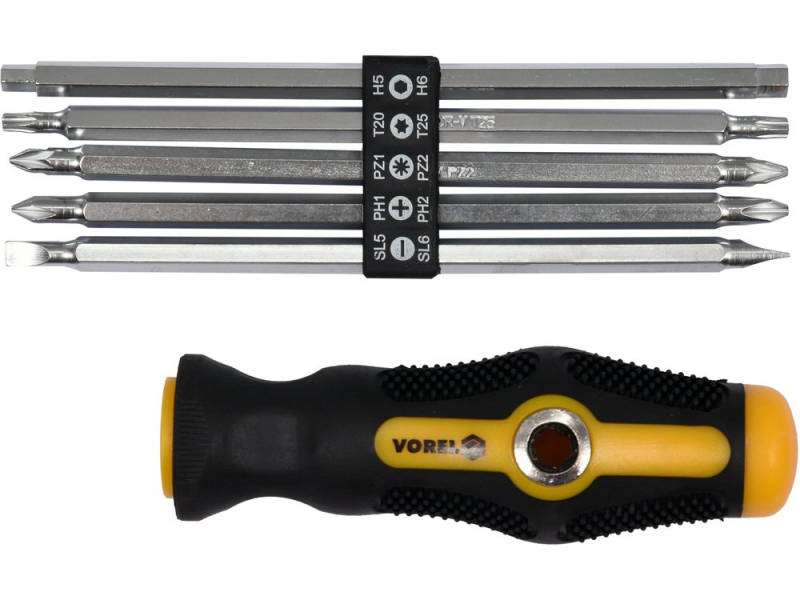 Викрутка двостороння VOREL 64960 : L= 175 мм, (5 насадок) SL, PH, PZ,TORX, HEX, Cr-V, (64960)