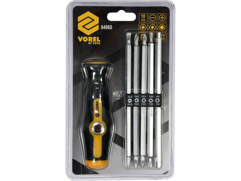 Викрутка двостороння VOREL 64960 : L= 175 мм, (5 насадок) SL, PH, PZ,TORX, HEX, Cr-V, (64960)