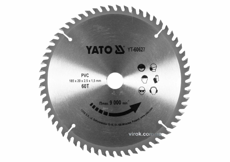 Диск пиляльний по ПВХ YATO: Ø=185х2.5x20 мм, 60 зубців, R.P.M до 9000 1/хв [25/50]