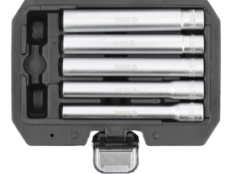 Головки торцеві YATO дуже довгі, з квадратами 1/4" і 3/8", М= 8, 10, 12, 13, 14 мм, L= 120 мм, 6 еле