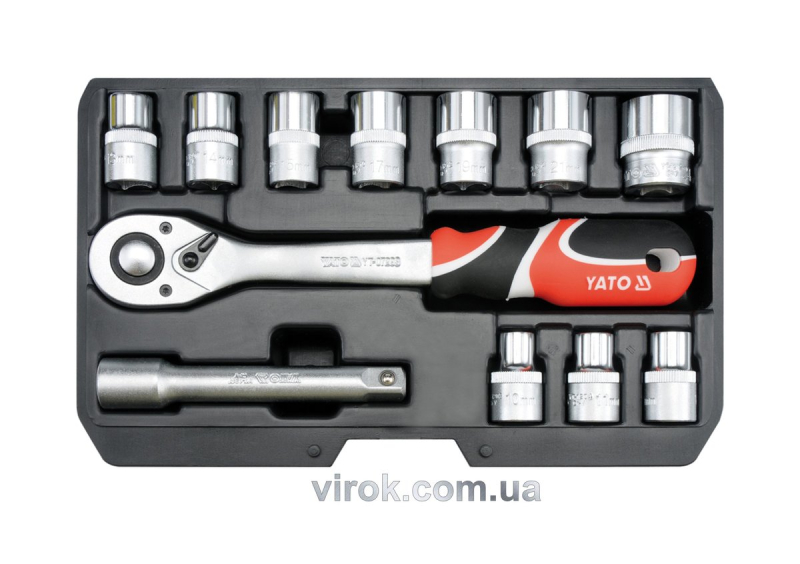 Набір головок торцевих YATO : квадрат 1/2", М10-24 з тріщаткою, подовжувачем. 12 Шт.