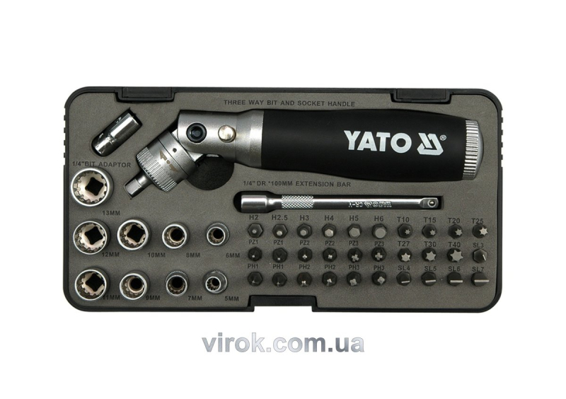 Викрутка реверсивна YATO : тріщатка, насадки HEX 1/4": SL,H,PH,PZ,T. [Кейс][Комплект 42 Од.](DW)
