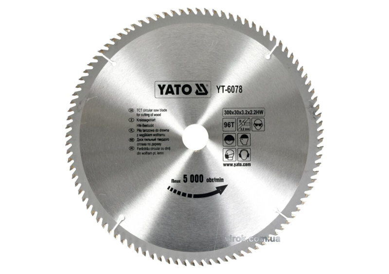 Диск пиляльний победітовий по дереву YATO: 300х30х3.2х2.2 мм, 96 зубців, R.P.M до 5000 1/хв