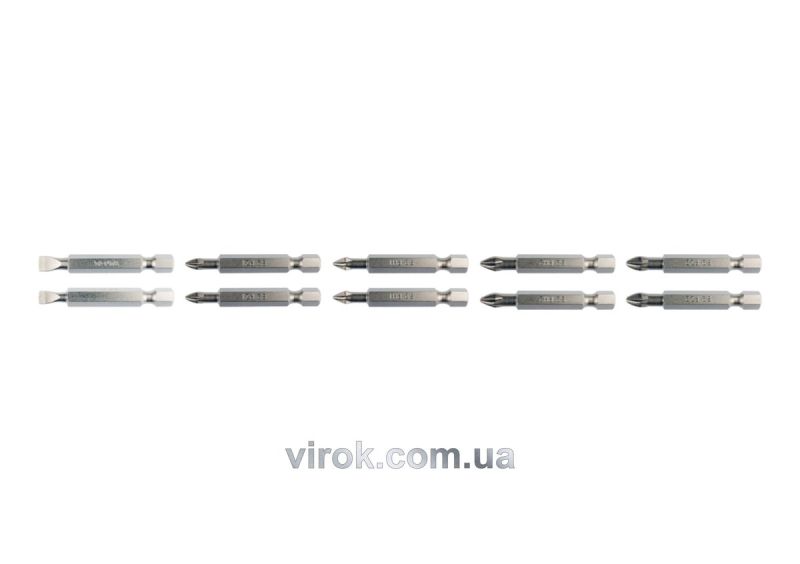 Набір насадок викруткових YATO : SL5, SL6, PH1/1, PH2/2, PZ1/1, PZ2/2, L= 50 мм. 10шт. [25/100]