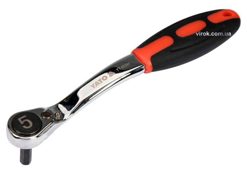 Тріщатка з шестигранником, вигнута YATO: HEX5, HRC 42-48, 72T, Cr-V, з прогумованою ручкою (DW)