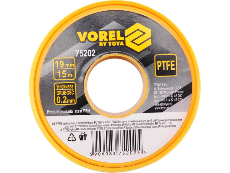Фум - стрічка VOREL тефлонова ущільнююча, l= 15 м, b= 19 мм, h= 0,2мм (75202)