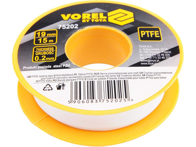 Фум - стрічка VOREL тефлонова ущільнююча, l= 15 м, b= 19 мм, h= 0,2мм (75202)