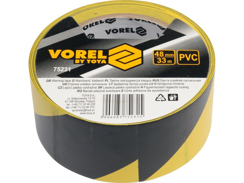 Стрічка сигнальна самоклеюча VOREL 48мм x 33 м. жовто-сіра, ПВХ (75231)
