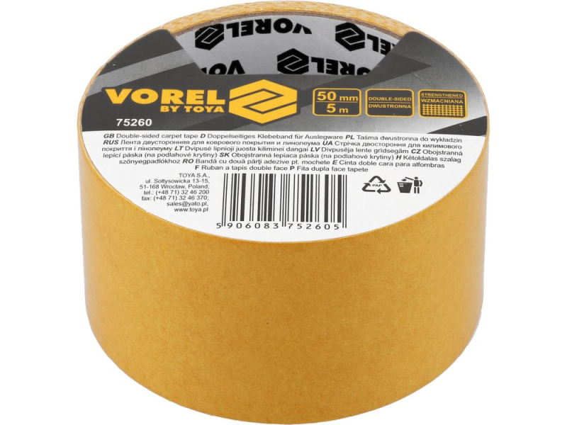 Стрічка самоклеюча VOREL армована 2-стороння, 50мм x 5м (75260)