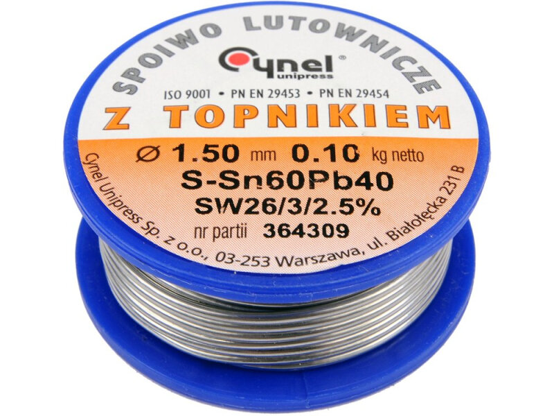 Припій свинцевий Sn60Pb40 1,5 мм VOREL 76814, флюс 3 осердя, 100 г