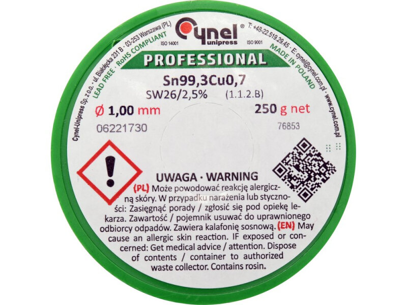 Припой безсвинцовый 1 мм VOREL 76853, Sn99.3Cu0.7, 250 г