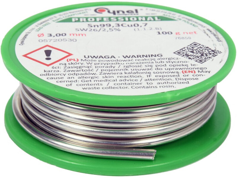 Припой безсвинцовый Sn99,3Cu0,7 3,0 мм VOREL 76859, флюс 2,2%, 100 г
