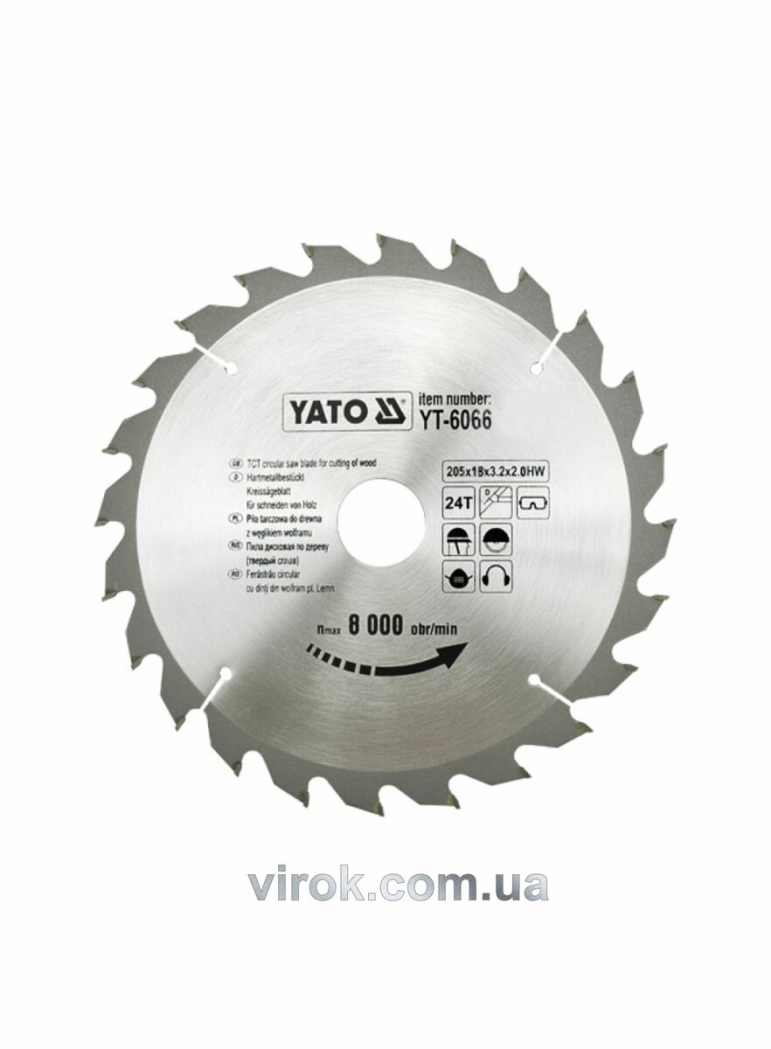 Диск пиляльний победітовий по дереву YATO: 205х18х3.2x2.0 мм, 24 зубці, R.P.M. до 6000 1/хв