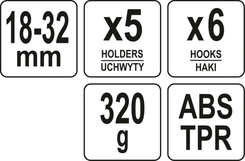 Вішалка для присадибного інвентара YATO, 6 гаків і 5 комірок з діапаз.- 18х 32 мм