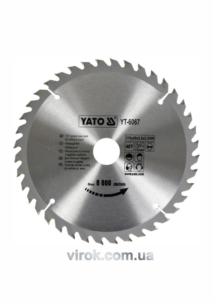 Диск пиляльний победітовий по дереву YATO: 210х30x3.2x2.2 мм, 40 зубців, R.P.M до 8000 1/хв [10/20]
